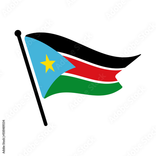 National flag of South Sudan.  South Sudan flag computer digital vector illustration icon design.  Fluttering flagpole flag.
