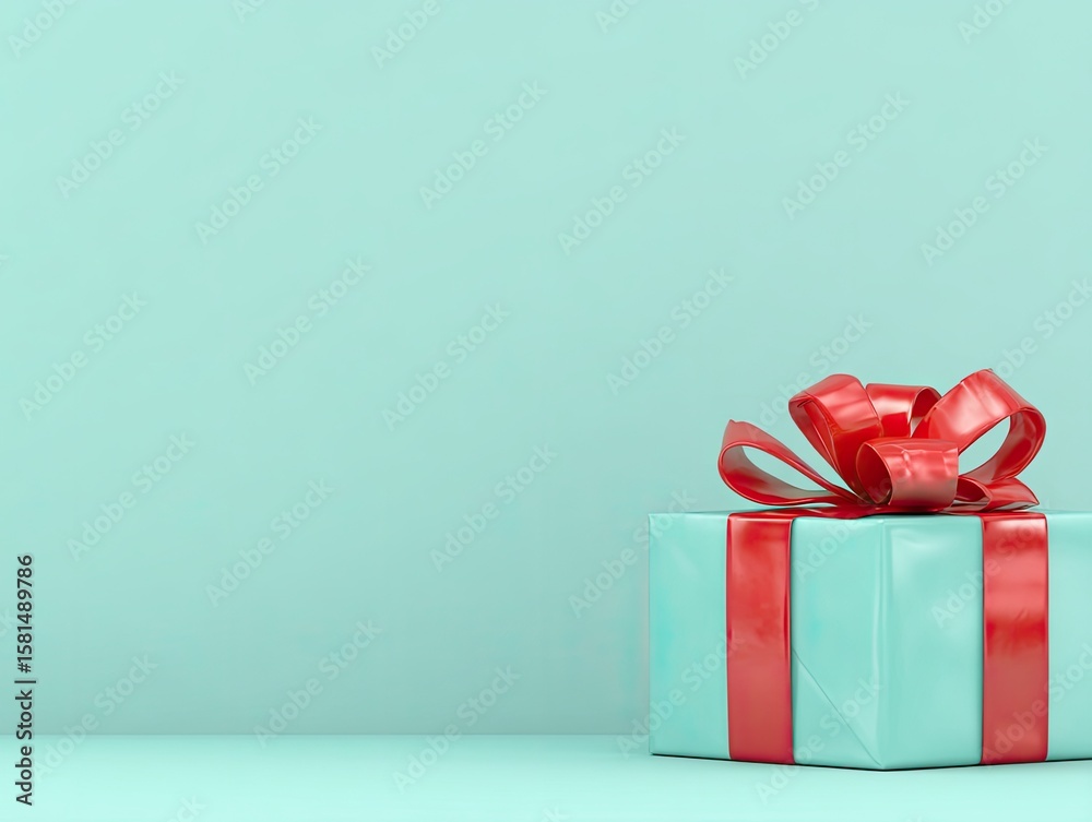 Obraz premium Mint-colored gift box with red ribbon