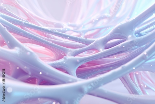 A soft pastel 3D render of AI neural networks flowing in abstract shapes across a clean white futuristic space