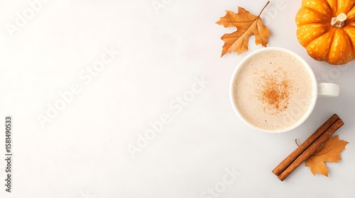 Cozy autumn coffee with pumpkin and cinnamon sticks