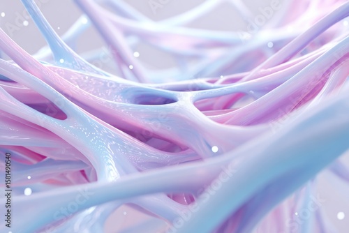 A soft pastel 3D render of AI neural networks flowing in abstract shapes across a clean white futuristic space