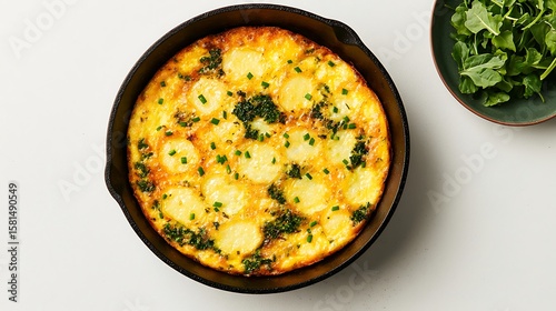 Savory potato and herb frittata cooked in a cast iron skillet