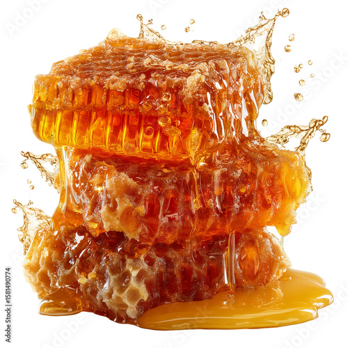 Fresh honeycomb dripping golden honey natural sweetener food product isolated on transprint background