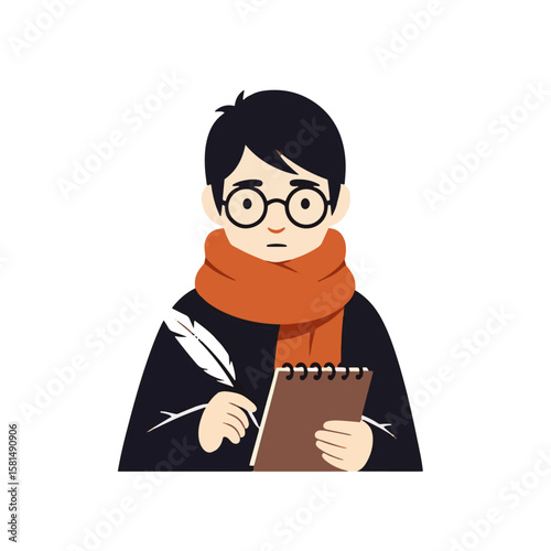 Poet Mascot with Notepad and Feather Pen Wearing Scarf and Glasses