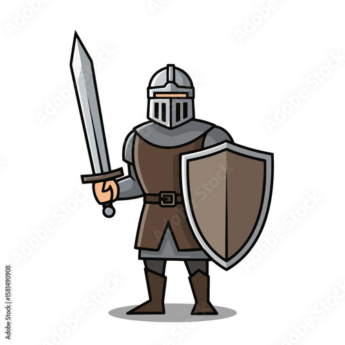 Valiant medieval knight cartoon character in full gray and brown armor holding a shining silver sword and a protective brown shield, ready for epic fantasy adventures.