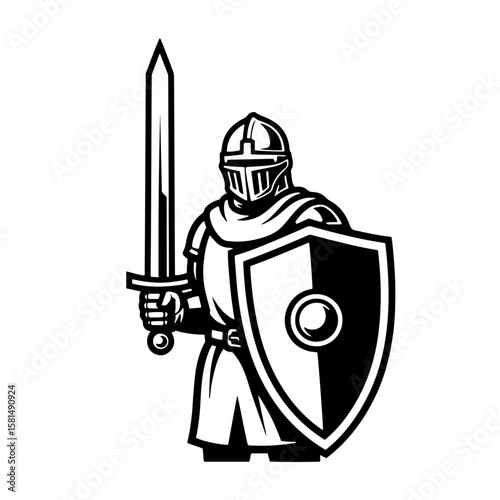 Powerful medieval knight in full plate armor standing ready for battle, holding a sharp sword and sturdy shield in a bold black and white mascot vector illustration.
