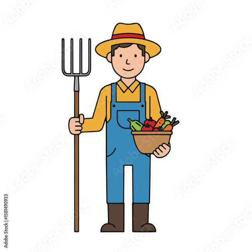 Happy farmer in blue overalls and straw hat, holding a pitchfork and a bowl of colorful, freshly harvested organic vegetables, on clean white background.