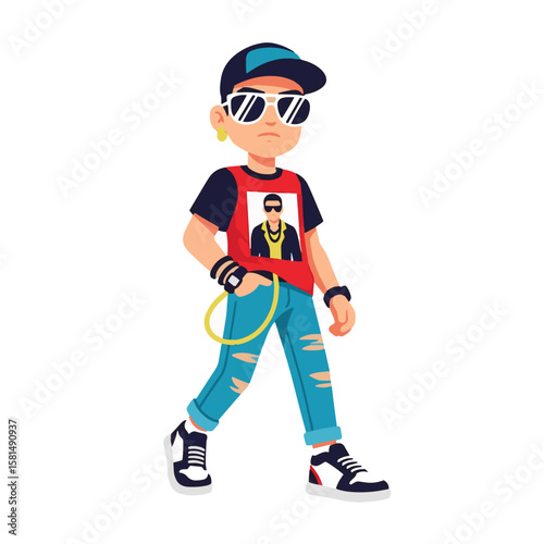 Cool young man character in urban streetwear style vector illustration. Trendy fashion with backward cap, sunglasses, ripped jeans, graphic tee. Modern youth culture.