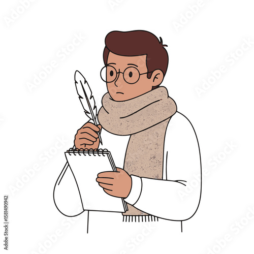A pensive young man, wearing glasses and a scarf, holds a feather quill and a notebook, appearing deep in thought. Ideal for concepts of writing, creativity, history, or education.