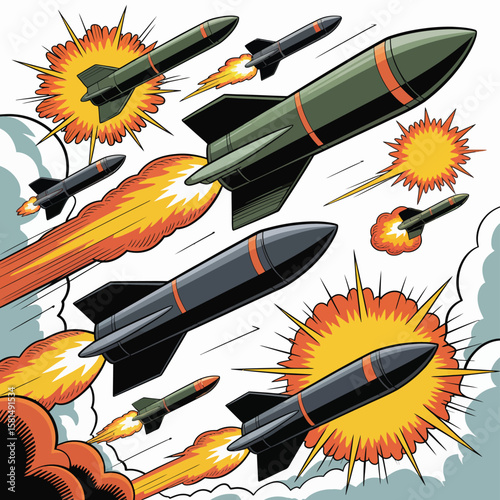 Multiple missiles flying through the sky with fiery trails and explosions