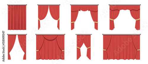 Collection of various red stage curtains and drapes with different styles and tiebacks
