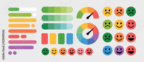 Collection of colorful feedback icons including gauges progress bars and smiley faces