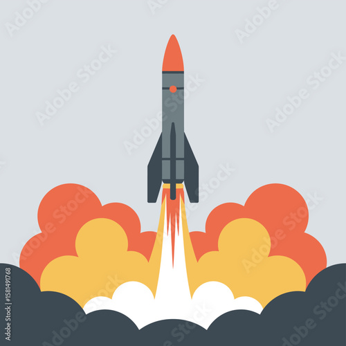 Rocket launching with fiery exhaust and smoke clouds