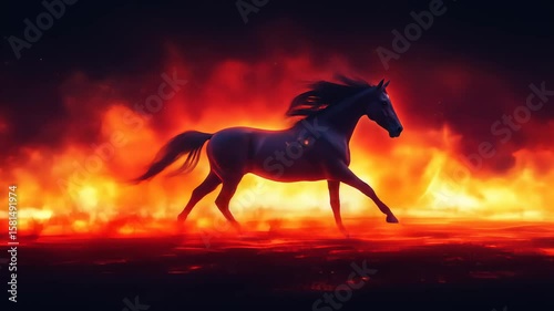 Dark horse running through fire with blazing flames and flowing mane in dramatic scene
