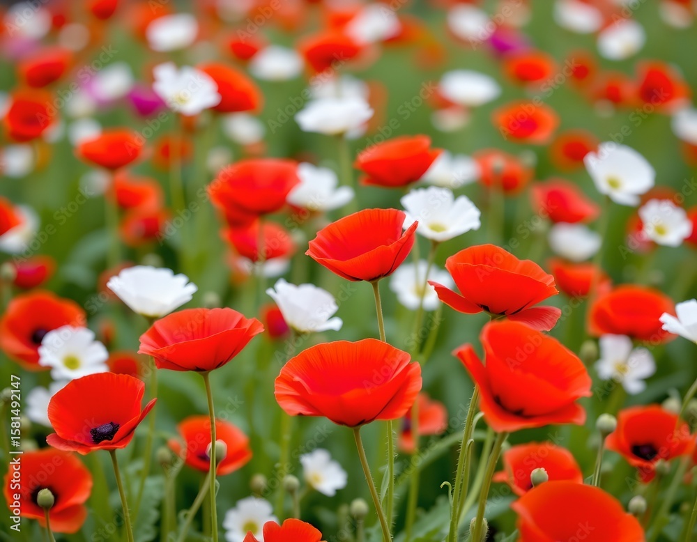 Obraz premium the image depicts a close up view of numerous red poppy flowers, the petals have a soft focus effect, creating a dreamy background of blurred poppies