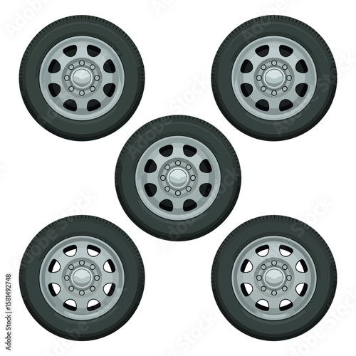 Five identical silver car wheels with black tires arranged in a circular pattern