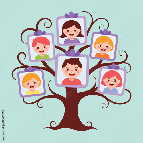 Stylized illustration of a family tree with portraits of happy children