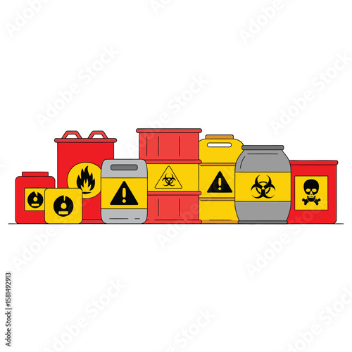 Collection of hazardous waste containers with warning symbols for toxicity and flammability