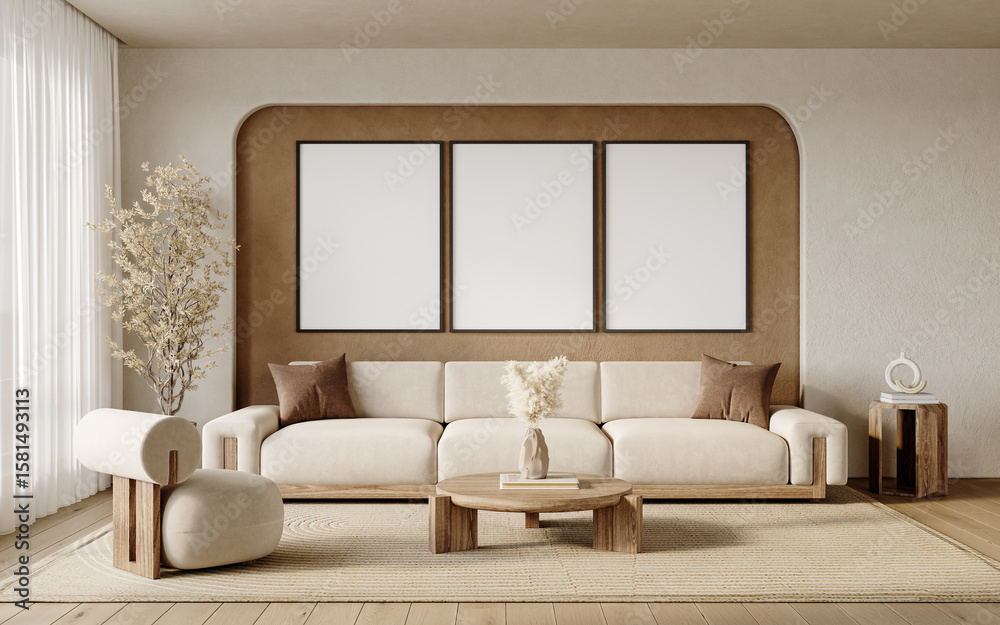 Minimalist Scandinavian Living Room with Triple Poster Frames Above Sofa Minimalist Scandinavian Living Room with Triple Poster Frames Above Sofa