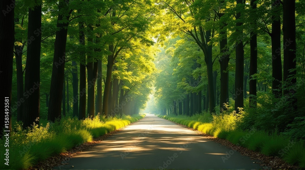 Obraz premium Sunlight streams down a paved path lined with lush trees.