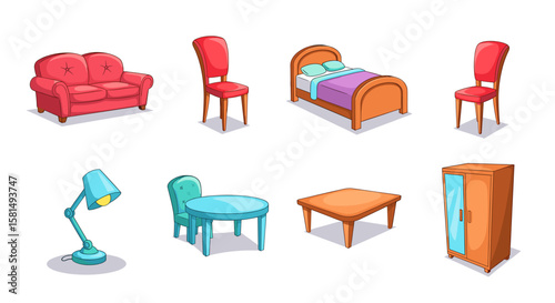 Cartoon furniture set featuring a sofa, chairs, bed, lamp, table, and wardrobe illustration art