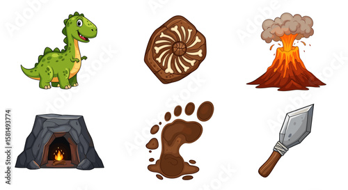 Cartoon depiction of prehistoric elements featuring a dinosaur and erupting volcano showing ancient life