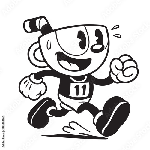 Black and white vector cartoon of a runner sprinting forward, outlined in thick black lines, perfect for marathon event icon illustrations.

