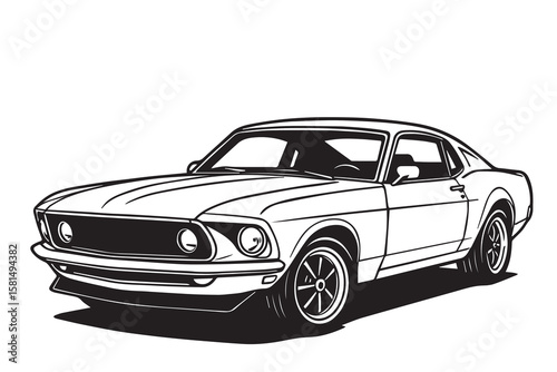 Black and white vector illustration of a Mustang car, outlined in bold black lines, showcasing its iconic shape and powerful, classic muscle design.

