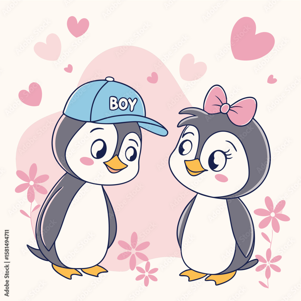 Fototapeta premium Charming Cartoon Penguins in Love Romantic Image with Cute Hearts and Blossoms in a Pastel Palette