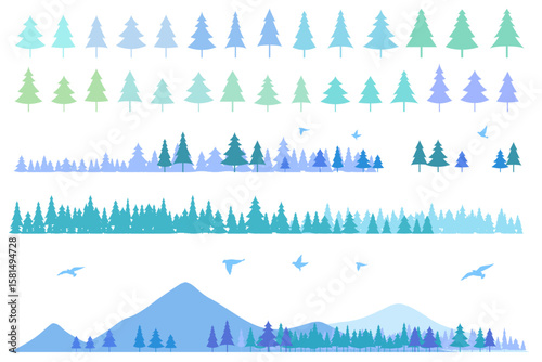 針葉樹と山のシルエットのイラストセット　アイコン　背景イラスト