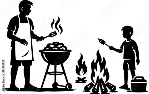 Silhouette of two figures cooking outdoors—one grilling on a BBQ, the other roasting over a campfire—capturing communal spirit and traditional open-flame culinary practices