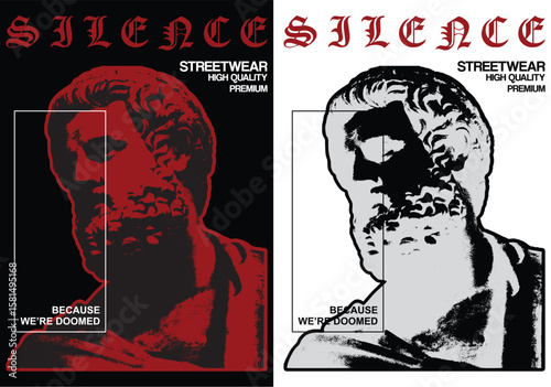 Silence Streetwear Artwork: A stylish and thought-provoking artwork featuring a bust with a melancholic expression, in black and red, invoking deep thought.