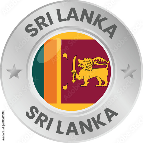 Sri Lanka flag in silver colored medal. National flag in metal circle emblem.