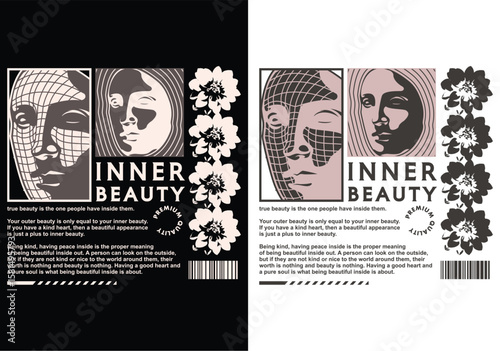 Inner Beauty Manifesto: The image features the words Inner Beauty with human face design elements. Capturing the beauty within, beyond surface appearance.