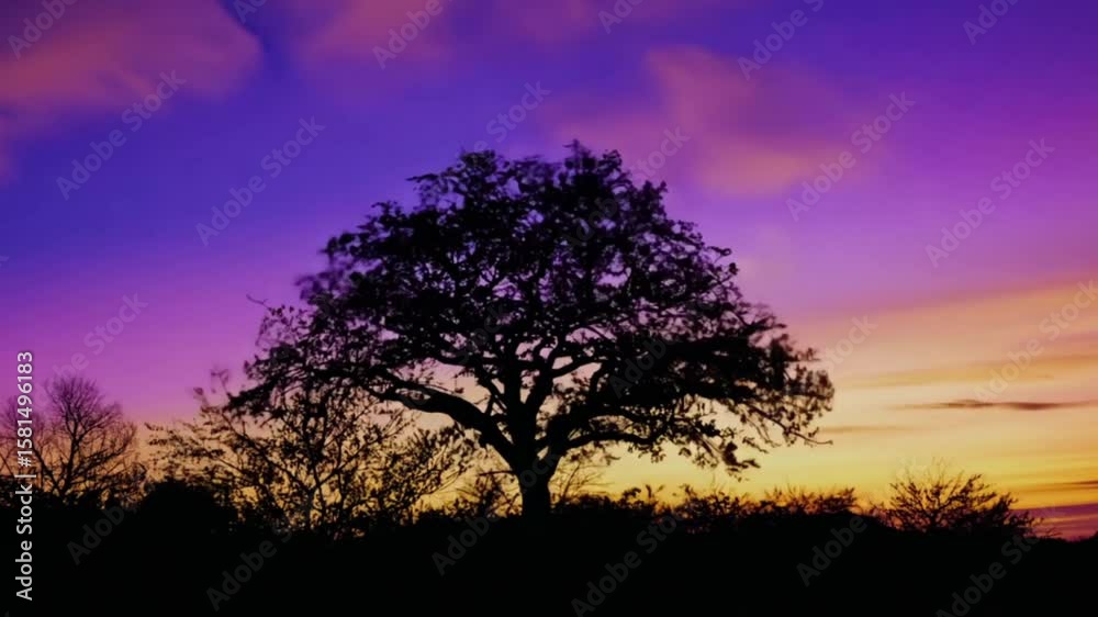 A tree standing against a vivid purple and orange sunset sky in a tranquil open field. A tree standing against a vivid purple and orange sunset sky in a tranquil open field.