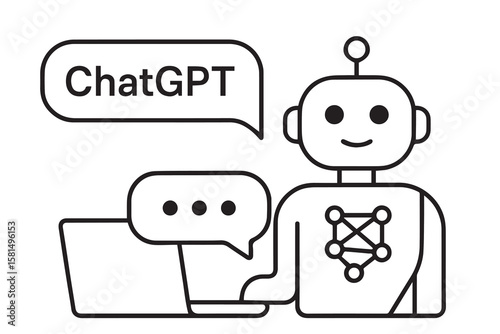 A friendly robot and laptop in black and white vector art, outlined in thick black lines, showing ChatGPT assisting with easy knowledge search.

