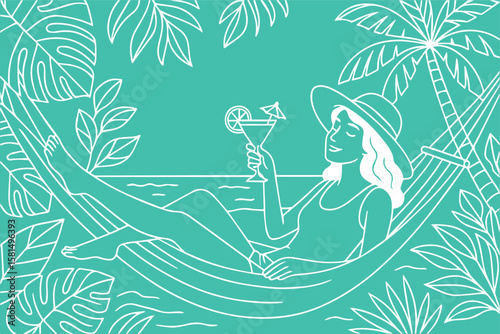 Vector background in tosca tones featuring a woman relaxing on the beach, outlined in white, capturing the peaceful essence of summer travel.

