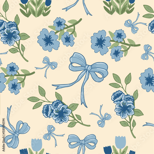 Vintage seamless pattern abstract blue coquette ribbon and spring flowers, cute trendy background.