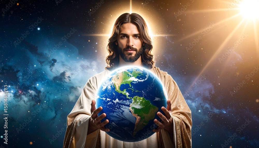 Naklejka premium Jesus holding Earth, cosmic background