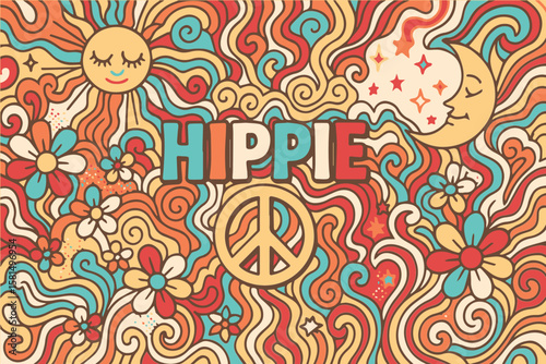 Colorful vector background inspired by 70s hippie culture, with swirling shapes, flowers, and bold vintage colors in a free spirited, psychedelic style.