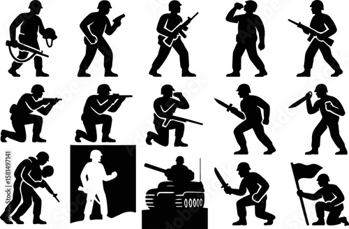 Silhouette of active soldiers in combat and ceremonial poses, featuring rifles, flags, and dynamic movements. Perfect for military, war history, and tactical-themed vector illustrations