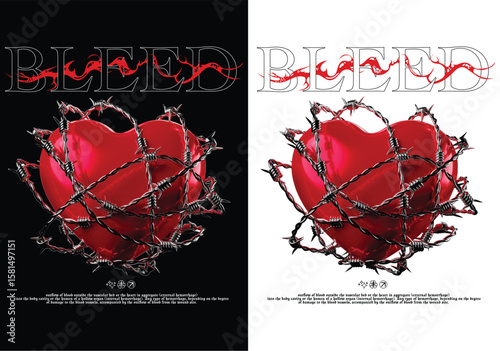 Bleeding Heart: A symbolic representation of emotional pain and turmoil, featuring a vibrant red heart intertwined with barbed wire, accompanied by the bold word "BLEED".