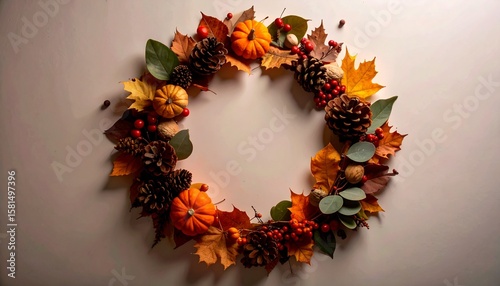 秋の恵みを飾る：ドライリーフとミニパンプキンが彩るリースフレームGenerated image