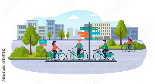 People Riding Light Blue Bikes in Urban City Park with Direction Signs