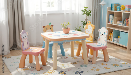 Cute and colorful children’s furniture set, including small table, chairs, and toy shelf, playful design, cartoon animal themes, safe and round edges, placed in a kids’ playroom