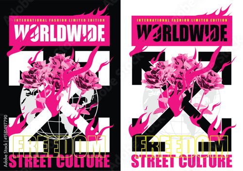 Worldwide Street Culture: A dynamic and vibrant artistic composition showcasing the fusion of global elements. The image displays the world and the word freedom and fire in a fusion.