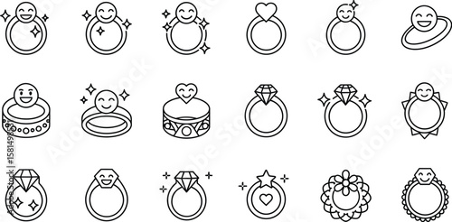 Vector art of a set of various ring designs with diamonds, hearts, and other decorative elements isolated on white background