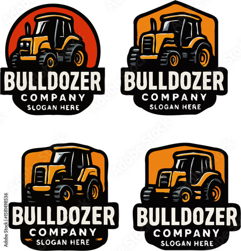 Four bulldozer logo designs featuring an illustration of a bulldozer with company slogan text.