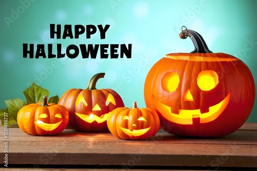 Wallpaper Mural Happy Halloween Pumpkin Lanterns with Glowing Faces on Wooden Table – Spooky Carved Jack-o’-Lantern Decoration Background Torontodigital.ca
