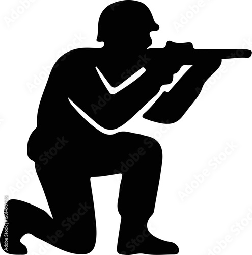 Silhouette of focused soldier kneeling with rifle aimed forward. Represents concentration, aim, and tactical intensity
